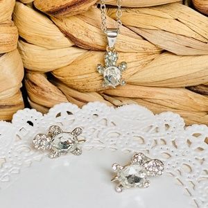 Dainty Shimmering Crystal Baby Turtle Pendant and Earrings.